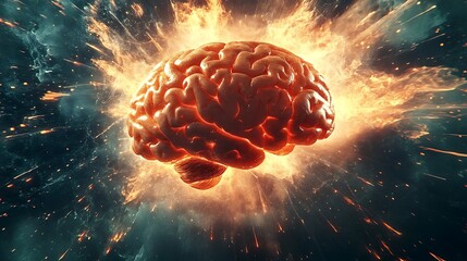 Glowing brain explodes with energy depicting ideas and innovation in digital photo