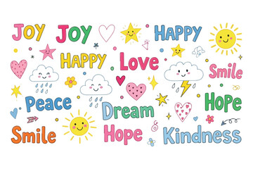 Fototapeta premium Whimsical hand drawn positive words and symbols