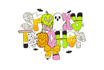 Spooky teacher text with halloween elements like pumpkin, ghost, and bats, isolated on transparent background