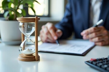 Stressful Financial Management: Hourglass on Desk Beside Businessperson Calculating Invoice