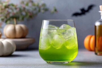 Witches Brew Lemonade in glass overflowing with vibrant green liquid and ice cubes, cozy ambiance. Concept of Witches Brew Lemonade as refreshing green citrus drink with frozen fingers.
