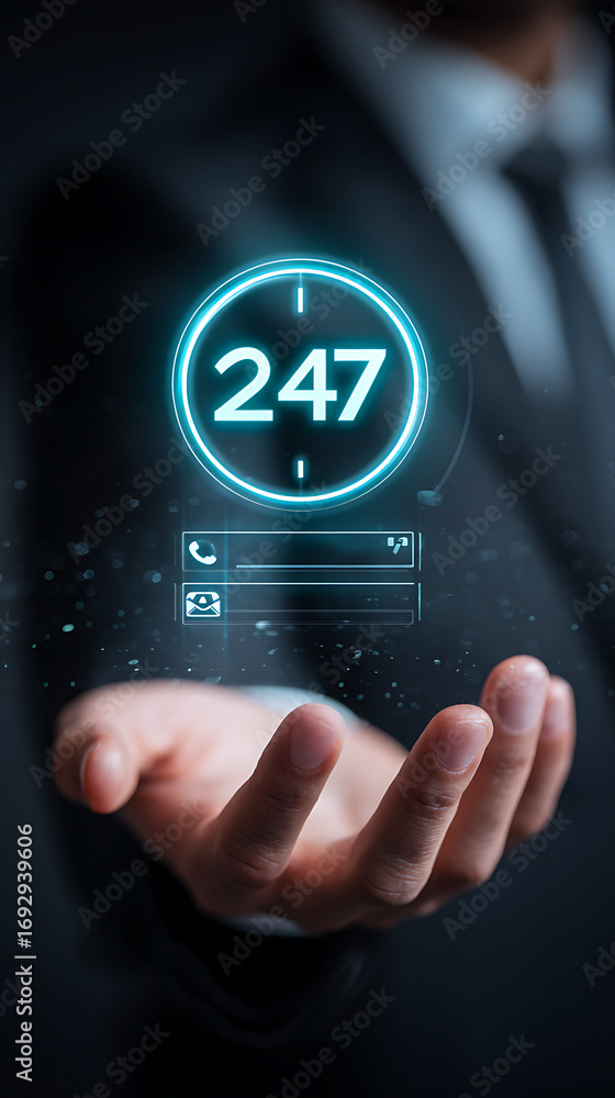 Poster glowing blue circle with numbers and icons above open palm image