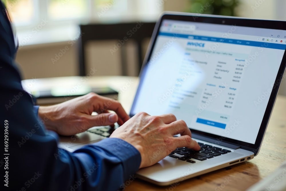 Poster man using laptop to pay invoice online with e-commerce details displayed on screen