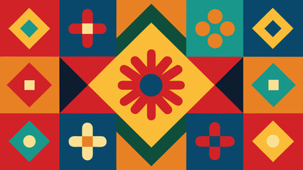 Colorful Geometric Mosaic with Abstract Shapes and Flower Motif pattern