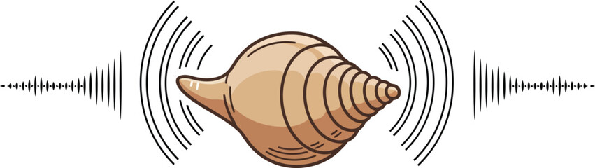 Conch shell with sound waves graphic representation, ideal for meditation, mindfulness, and spiritual health concepts, representing the tranquil and resonant sounds of nature.
