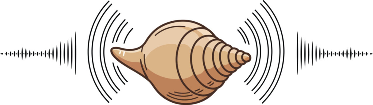 Conch shell with sound waves graphic representation, ideal for meditation, mindfulness, and spiritual health concepts, representing the tranquil and resonant sounds of nature.