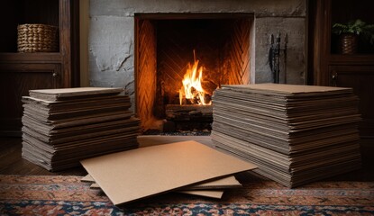 Cardboard boxes stacked by a fireplace