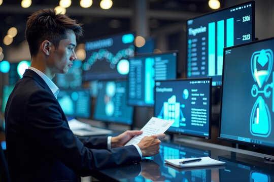 Futuristic Accountant Utilizes Holographic Screens and AI Technology for Digital Invoice Analysis, with Clockwork Hourglass Signifying Tax Deadline Countdown