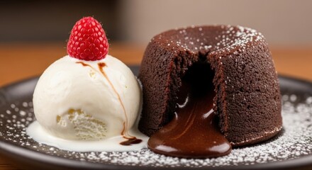 Molten chocolate lava cake with melting chocolate, served with vanilla ice cream and a raspberry on a black plate.