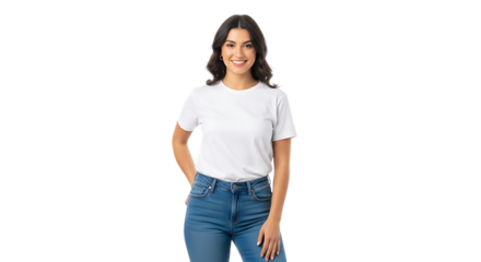 A young woman wearing a white t-shirt and blue jeans smiles confidently isolated on a transparent background