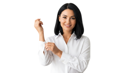 A smiling woman in a white shirt rolling up her sleeves isolated on a transparent background