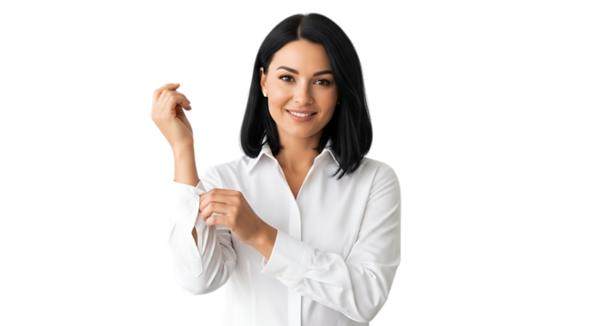 A smiling woman in a white shirt rolling up her sleeves isolated on a transparent background