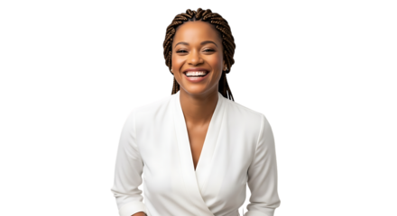 Confident Black Woman Smiling with Braids in White Blouse Isolated on Transparent Background