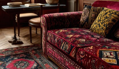 Luxurious red couch in an antique room