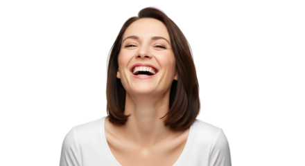 Woman laughing happily expressing joy and positive emotions with her eyes closed