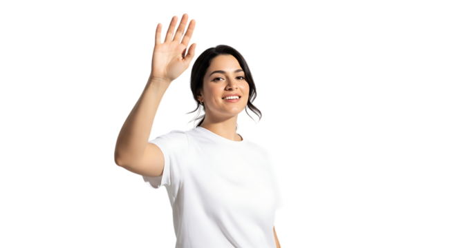 Smiling young woman in white t-shirt waving hand isolated on black background greeting gesture friendly welcome gesture