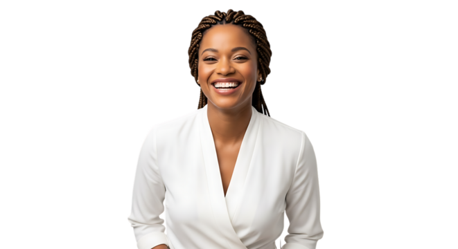 Confident Black Woman Smiling with Braids in White Blouse Isolated on Transparent Background