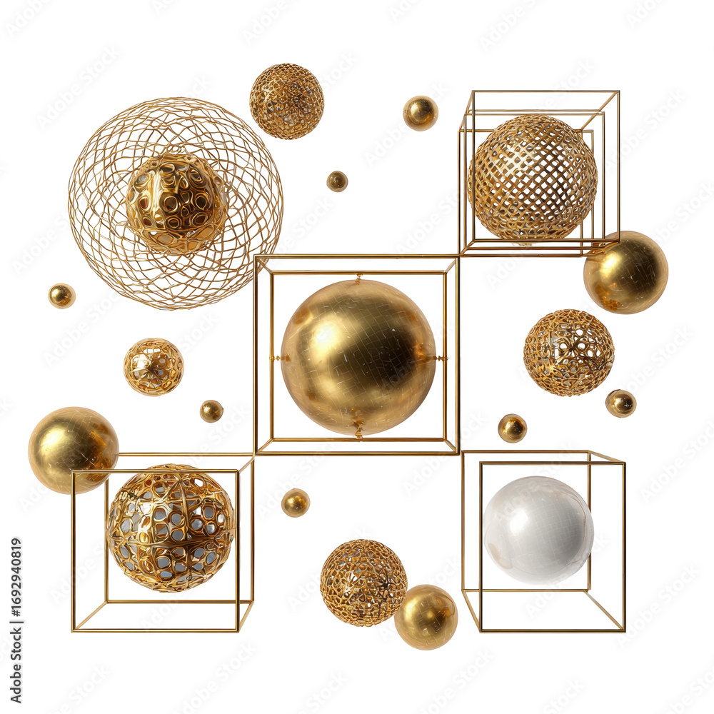 Poster decorative metallic spheres and frames arranged in an artistic display on a neutral background