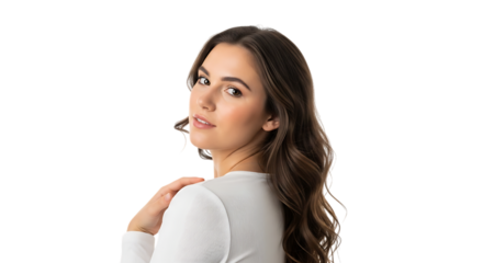 Young Woman Looking Back Over Shoulder with a Gentle Smile Isolated on Black Background