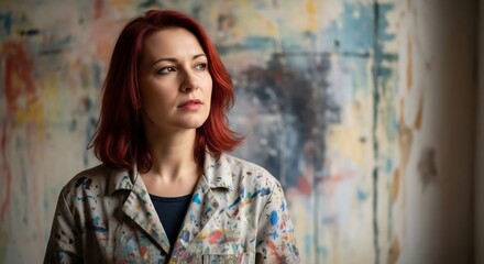 Naklejka premium Female artist portrait. Red hair woman posing in her art studio with colorful background. Artist profession concept. Creativity and design projects, art workshops.