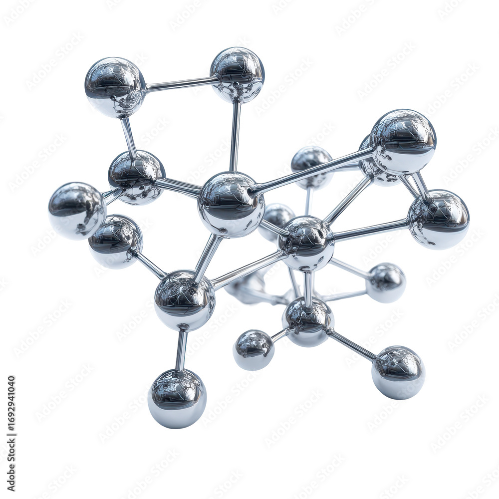 Poster metallic molecular structure with interconnected atoms demonstrating scientific concepts in a labora