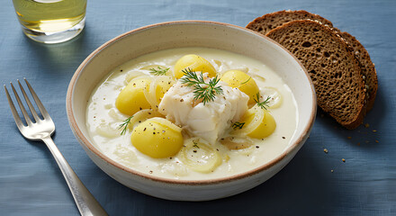 Icelandic plokkfiskur, a comforting creamy cod and potato stew. An authentic Nordic dish perfect for cozy winter menus and cultural culinary photography.