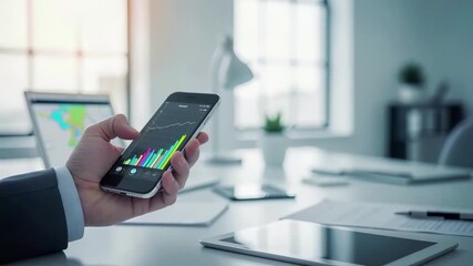 Businessman holding smartphone with financial analytics charts, colorful graphs on mobile app. Digital trading dashboard, market data visualization in modern office workspace environment. - Powered by Adobe