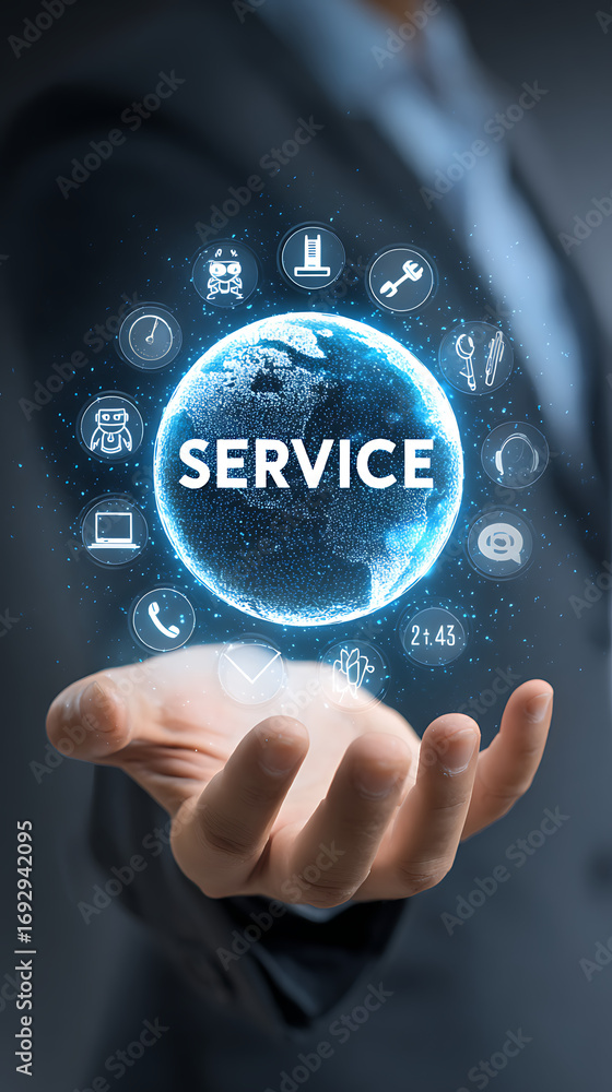 Poster glowing earth with service icons hovering above open hand technology global