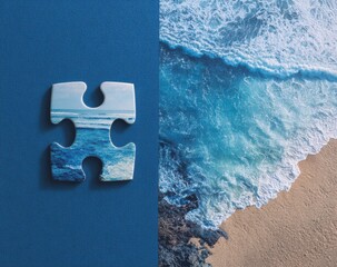 A puzzle piece with a seaside scene, juxtaposed against a close-up of crashing waves