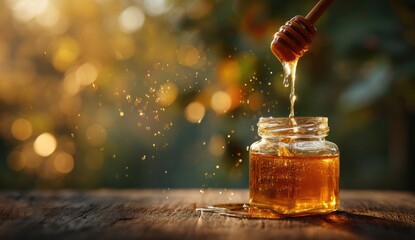Honey dripping from dipper into jar on rustic table