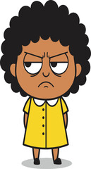 Suspicious cartoon girl, curly hair, yellow dress, emotional expression, frowning child, isolated character, white background, vector illustration, kids emotion, clipart