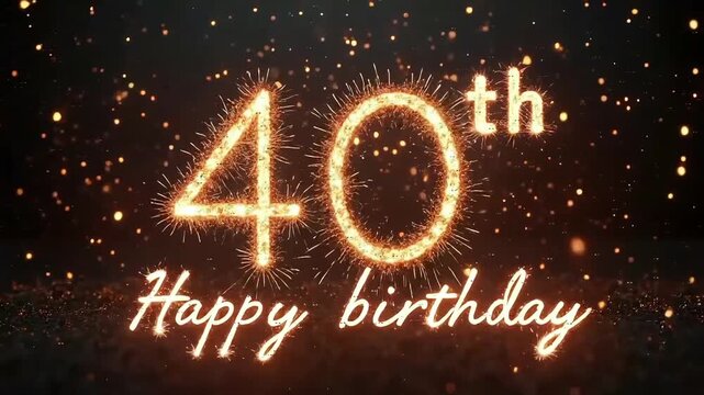 Golden 40th birthday lights with elegant script and glowing particles on dark backdrop, milestone celebration scene  
