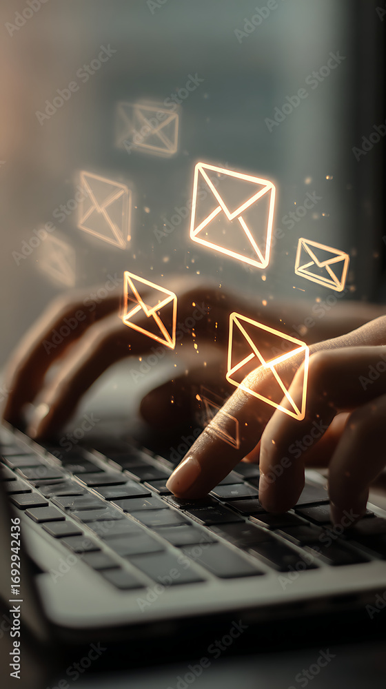 Poster Glowing envelopes float above hands typing on a laptop keyboard email communication