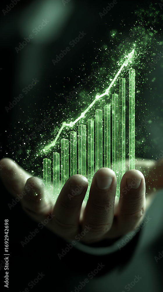 Poster glowing green financial growth chart displayed on open palm with upward trending arrow and sparkling