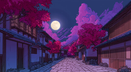 a full moon night in an old japanese street, with pink trees and purple clouds, in the style of anime