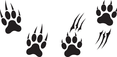 Fototapeta premium Collection of animal paw prints and claw marks silhouette