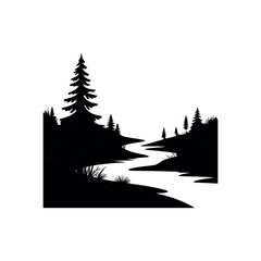 Obraz premium Black silhouette of a winding river flowing through a forest landscape black and white stream