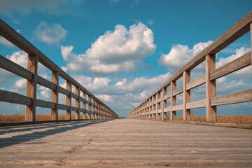 Wooden boardwalk extending into a vibrant sky