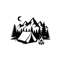 Black silhouette of a tent campfire and mountains under a crescent moon camping night