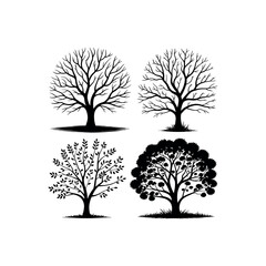 Four black silhouette trees with different foliage and bare branches white