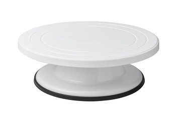Photo of a white rotating cake stand with a black base, isolated on a transparent background, perfect for bakers and decorators to display their creations