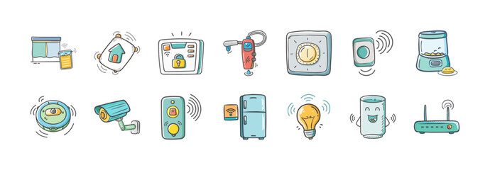 Hand drawn smart home and automation icons collection - Collection of colorful hand drawn smart home icons featuring appliances, cameras, sensors, lights, router, voice assistant, and connected 