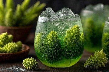 Witches Brew Lemonade in glass, green citrus drink with frozen fingers, ice cubes, spiky plants. Concept of Witches Brew Lemonade, minimalistic, inviting, soft lighting.