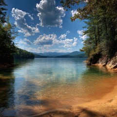 Tranquil lake scene with mountains and clouds