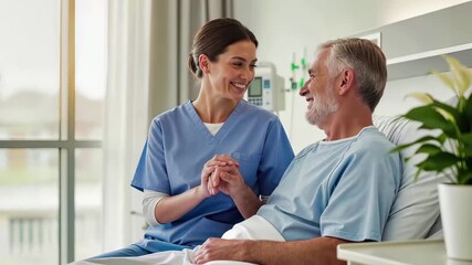 Compassionate nurse providing comfort and care to elderly patient in modern hospital room. Healthcare professional support, medical treatment, senior wellness and recovery assistance.