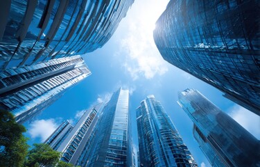 Low-angle view of modern skyscrapers against a bright blue sky