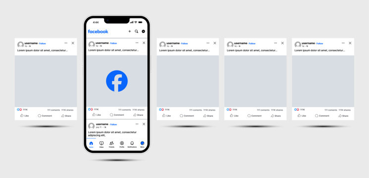 Facebook carousel post template on smartphone mockup. Mobile app interface with blank pictures, editable posts. Scroll frame pages, social media photography. Isolated UI vector design.