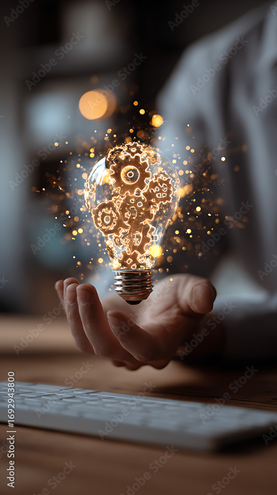 Poster glowing lightbulb with internal gears held in hand with sparks image