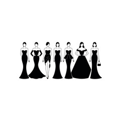 Seven black silhouette women in elegant evening gowns on white background vector