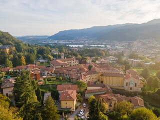 Fototapeta premium Aerial landscape of Lecco Maggianico Lago di Garlate Lake fall Italian Alps mountains Lombardy